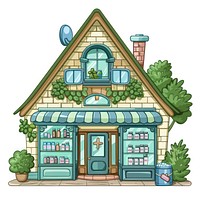 Cartoon of pharmacy architecture building cottage.