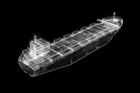 Glowing wireframe of cargo ship outdoors black background architecture.
