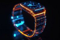 Glowing wireframe of smart watch wristwatch black background illuminated.