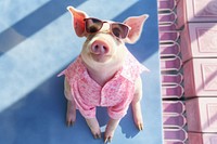 Pig wears sunglasses looking up at camera animal mammal pet.