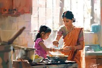 Indian mother helping a little girl cook food kitchen adult child.