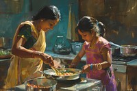 Indian mother helping a little girl cook food kitchen adult togetherness.