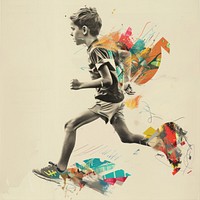Paper collage of boy running art painting drawing.
