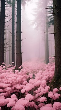 Pastel pink forest landscape outdoors.