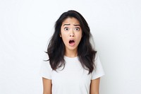 Woman with confused face adult white background frustration.