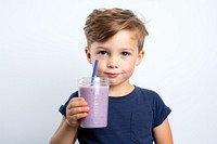 Boy drinking blueberry smoothie white background refreshment milkshake.