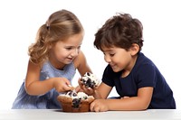 Kids sharing blueberry muffin dessert eating child.