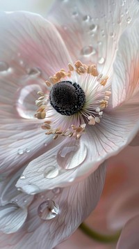 Water droplet on anemone flower blossom pollen.