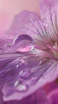 Water droplet on geranium flower blossom purple.