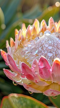 Water droplet on protea flower plant petal.