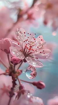 Water droplet on sakura flower blossom petal.