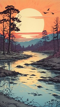 Illustration of river wilderness landscape sunlight.