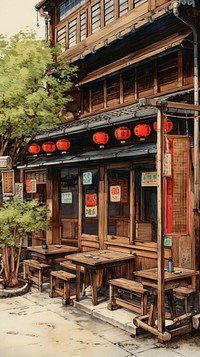 Illustration of restaurant wood architecture outdoors.