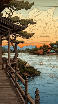 PNG Illustration of wooden pier lake view architecture building outdoors.