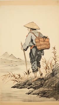 Illustration of fisherman painting outdoors drawing.