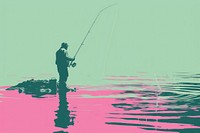 CMYK Screen printing of fishing recreation outdoors nature.