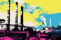 CMYK Screen printing of pollution architecture refinery outdoors.