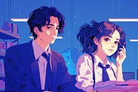 Portrait of students in classroom anime adult blue.