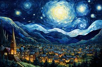 A starry night with the sky and full moon over the town painting art landscape.