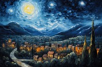 A starry night with the sky and full moon over the town painting landscape outdoors.