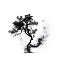 Abstract smoke of bonsai tree silhouette drawing.