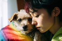 Light Person hugging a dog face photography portrait mammal.