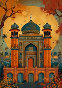 Indian traditional mughal pichwai art architecture building painting.