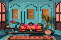 Indian traditional mughal pichwai art room architecture furniture.