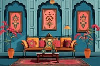 Indian traditional mughal pichwai art room architecture furniture.