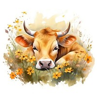 Watercolor cow sleeping animal livestock cartoon.