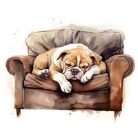 Watercolor bulldog sleeping animal furniture armchair.
