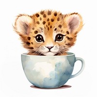Watercolor leopard pop teacup cheetah cartoon mammal.