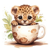 Watercolor leopard pop teacup cartoon mammal animal.
