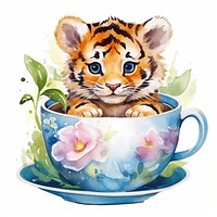 Watercolor tiger pop teacup cartoon saucer coffee.