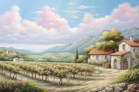 Painting of Italian vineyard border architecture landscape outdoors.