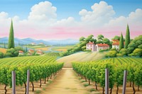 Painting of Italian vineyard border landscape outdoors nature.