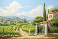 Painting of Italian vineyard border architecture outdoors building.