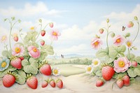 Painting of strawberry garden border flower plant fruit.