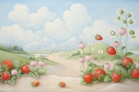 Painting of strawberry garden border plant fruit food.