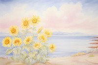 Painting of sunflowers and sun border landscape outdoors nature.