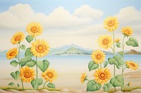 Painting of sunflowers and sun border backgrounds outdoors pattern.