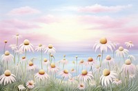 Painting of white coneflowers border sky backgrounds landscape.
