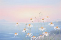 Painting of white coneflowers border sky landscape outdoors.
