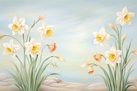 Painting of vintage daffodil flowers border plant inflorescence springtime.
