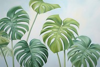 Painting of vintage monstera leaves border green backgrounds plant.