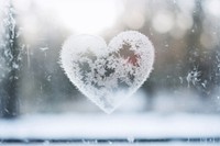 Heart icon written on frosted outdoors nature snowflake.