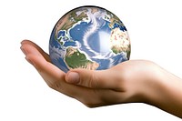 Hands hold globe planet sphere earth.