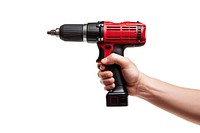 Hand holding a battery drill tool white background technology.