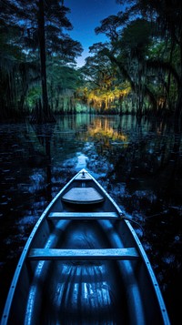 Dark blue shallow backwater topview midnight outdoors vehicle rowboat.