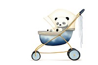 Baby panda sleep on blue color baby stroller furniture cleaning vehicle.